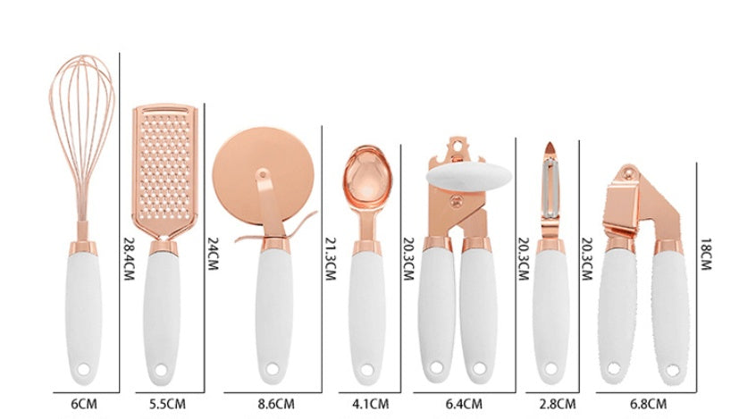 Orluxia Rose Gold Kitchen Tool Set – 7PC Stainless Steel Cooking Utensils with Peeler