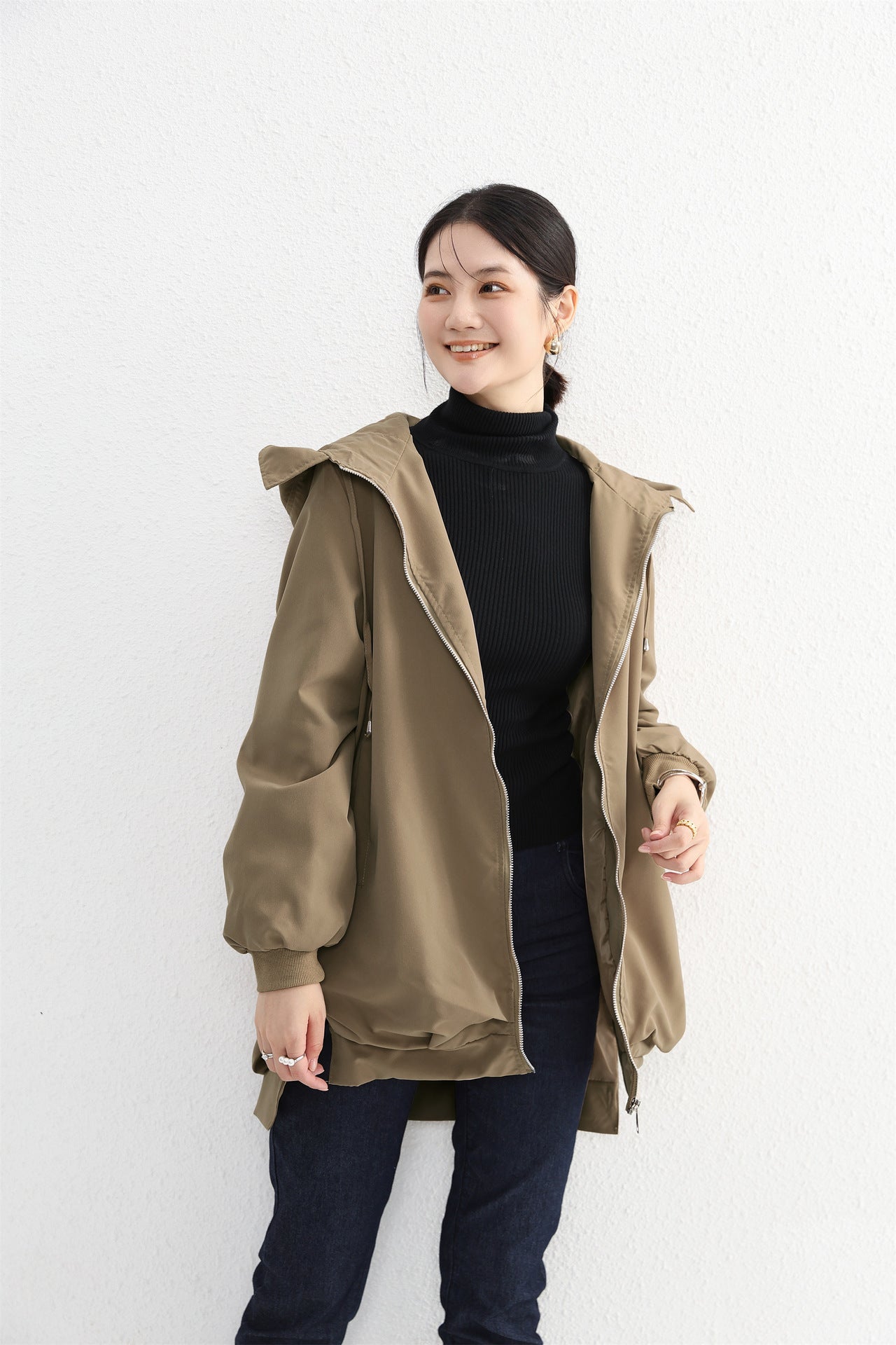 Orluxia Women’s Elegant Trench Coat – Short Front, Long Back Design with Pockets