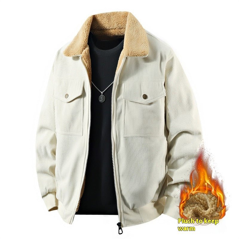 Orluxia Men’s Fleece Corduroy Cotton Jacket – Loose Casual Polo Collar Coat