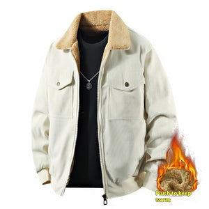 Orluxia Men’s Fleece Corduroy Cotton Jacket – Loose Casual Polo Collar Coat