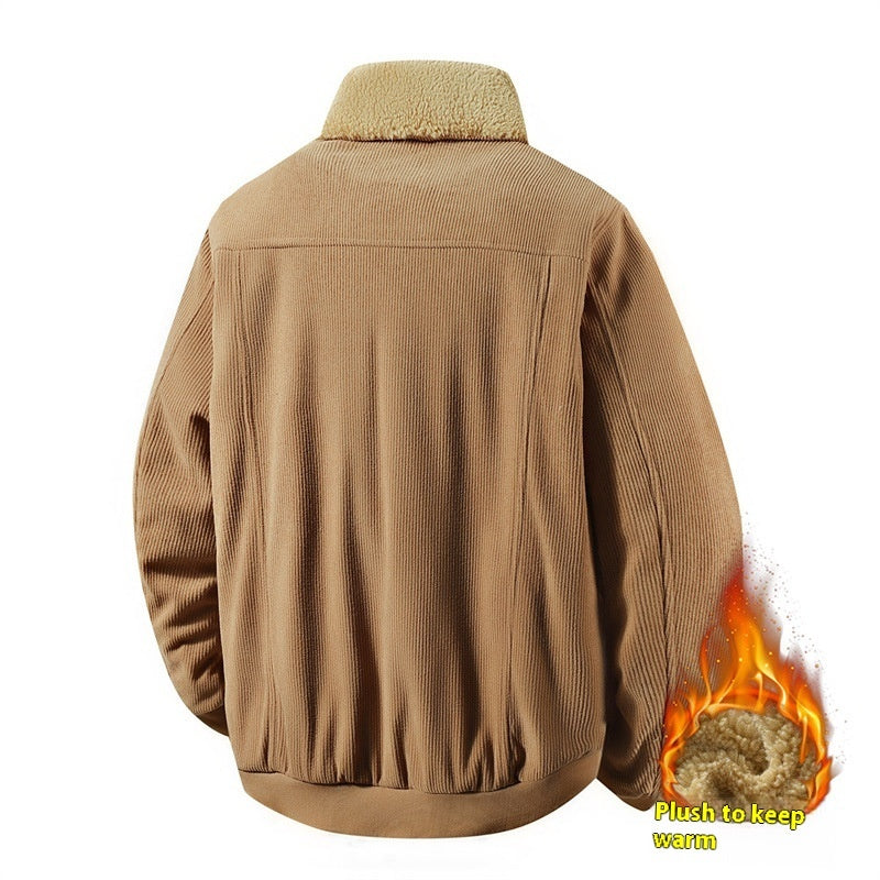 Orluxia Men’s Fleece Corduroy Cotton Jacket – Loose Casual Polo Collar Coat