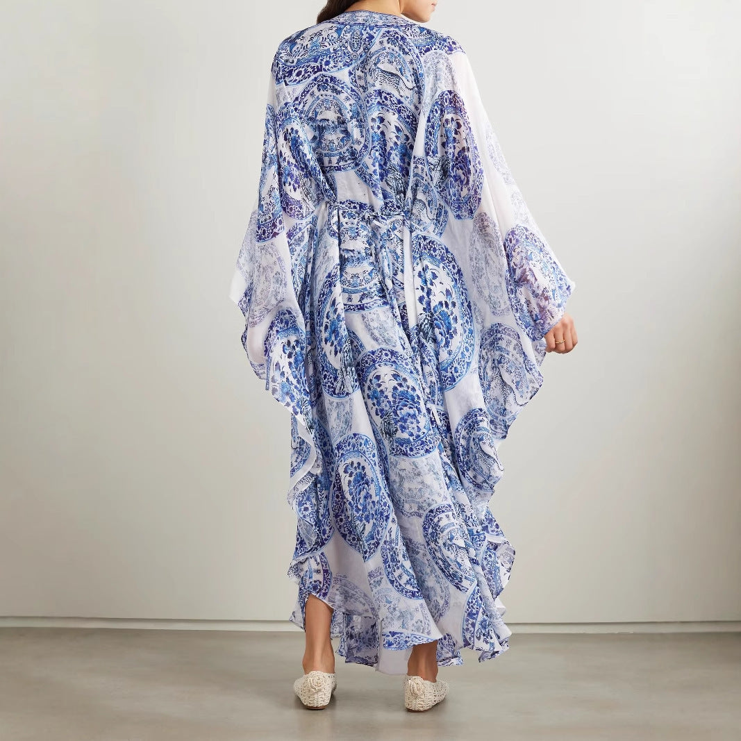 Orluxia Women’s Printed Loose-Fit V-Neck Dress – Plus Size, Long Sleeve