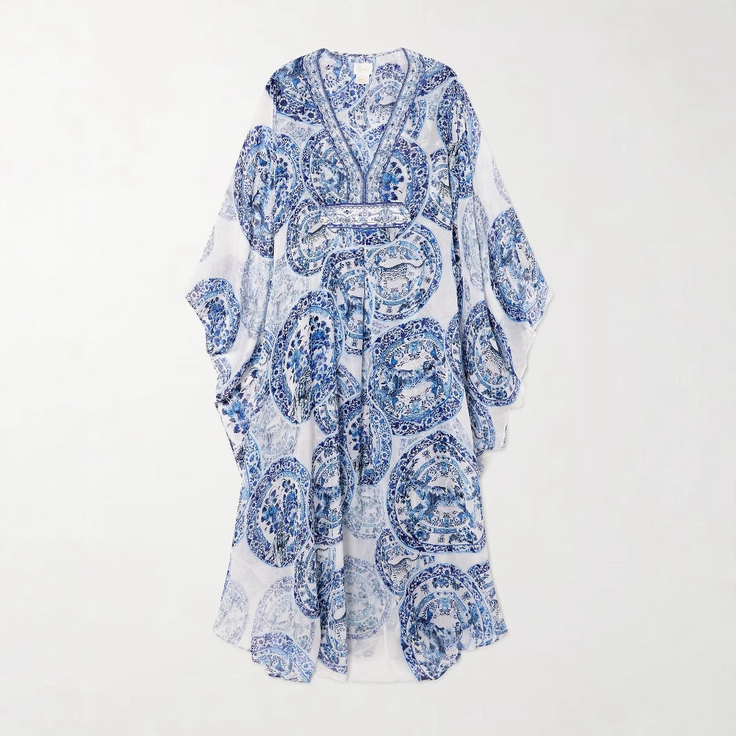 Orluxia Women’s Printed Loose-Fit V-Neck Dress – Plus Size, Long Sleeve