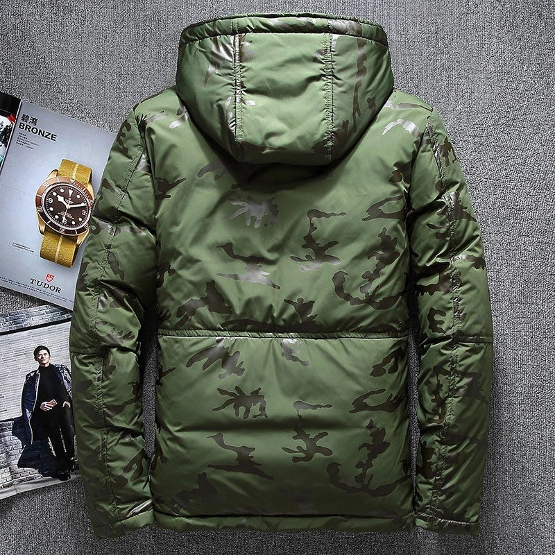 Orluxia Men’s Slim Thickened Short Waterproof Camouflage Down Jacket – Hooded Winter Coat with White Duck Down