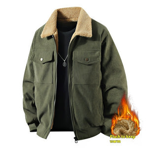 Orluxia Men’s Fleece Corduroy Cotton Jacket – Loose Casual Polo Collar Coat