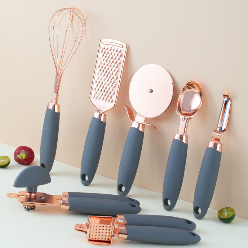 Orluxia Rose Gold Kitchen Tool Set – 7PC Stainless Steel Cooking Utensils with Peeler