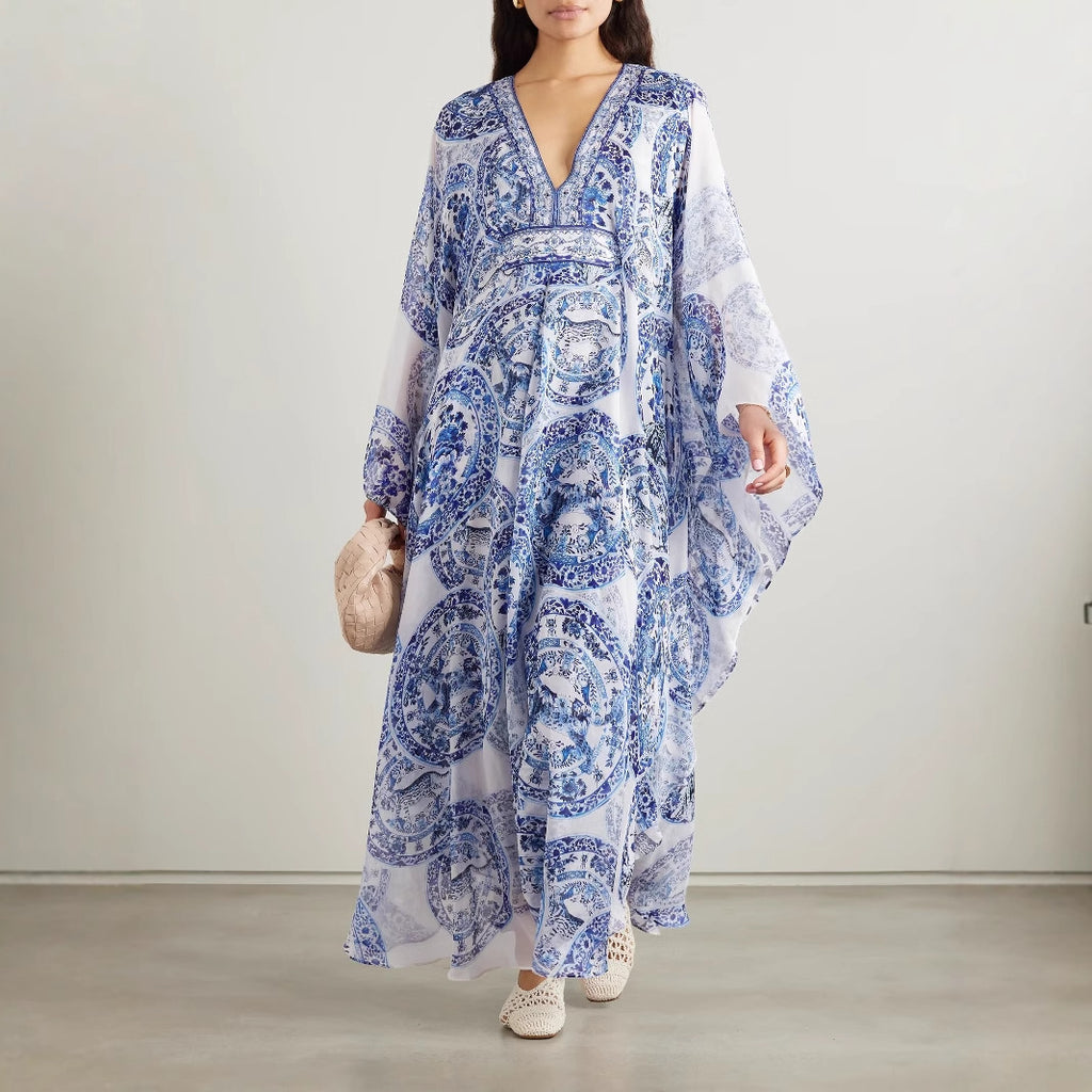 Orluxia Women’s Printed Loose-Fit V-Neck Dress – Plus Size, Long Sleeve