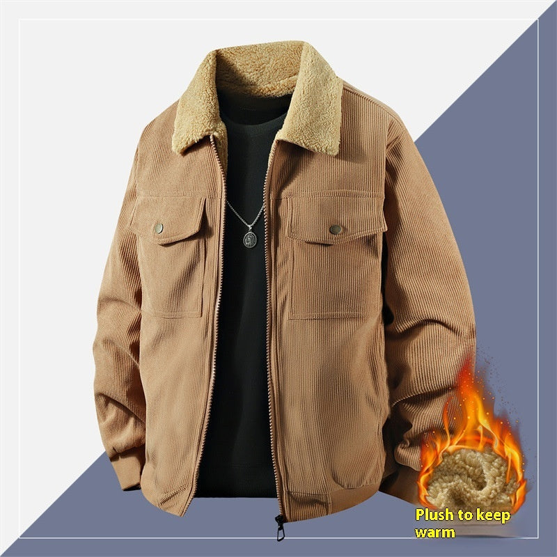 Orluxia Men’s Fleece Corduroy Cotton Jacket – Loose Casual Polo Collar Coat