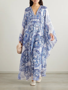 Orluxia Women’s Printed Loose-Fit V-Neck Dress – Plus Size, Long Sleeve