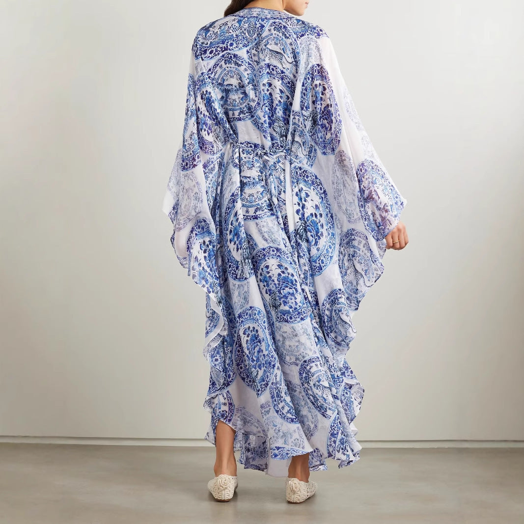 Orluxia Women’s Printed Loose-Fit V-Neck Dress – Plus Size, Long Sleeve