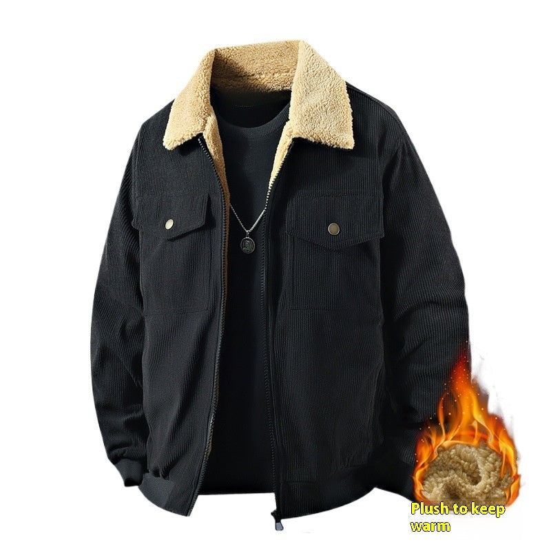 Orluxia Men’s Fleece Corduroy Cotton Jacket – Loose Casual Polo Collar Coat