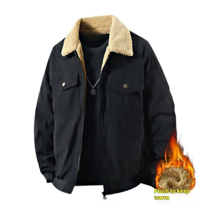 Orluxia Men’s Fleece Corduroy Cotton Jacket – Loose Casual Polo Collar Coat